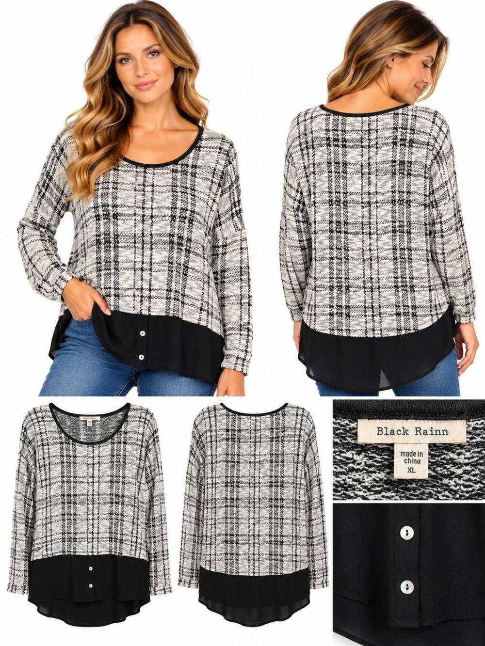 Black Rainn XL Plaid Layered Chiffon Hem Tunic Top